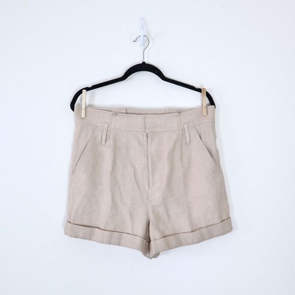 Frame Size 6 Linen Blend High Rise Paperbag Canvas Shorts Tan Beige - Picture 2 of 9